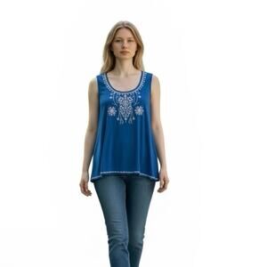Philosophy Blue Tunic with White Embroidery Size 1X Boho Peasant Style Top